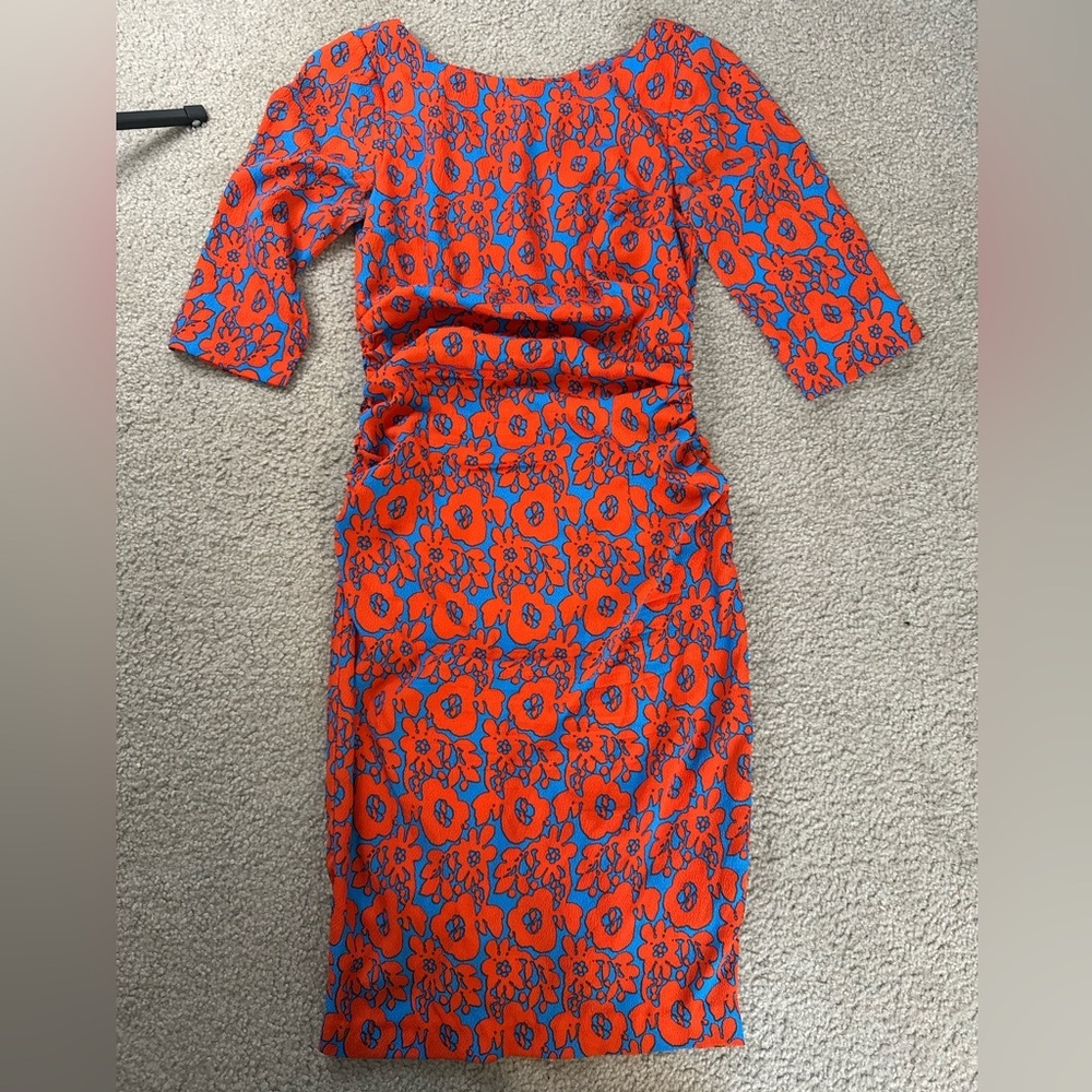 Tracy Reese Vibrant Red and Blue Silk Floral 3/4 Sleeve Midi Dress